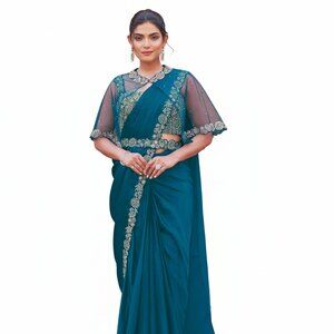 Luxurious Crepe Satin Silk Ready-to-Wear Saree with Embroidered Poncho Blouse